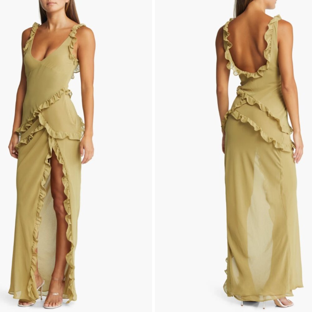 NEW WITH TAGS House of CB Pixie Olive Ruffle Georgette Dress Size XS